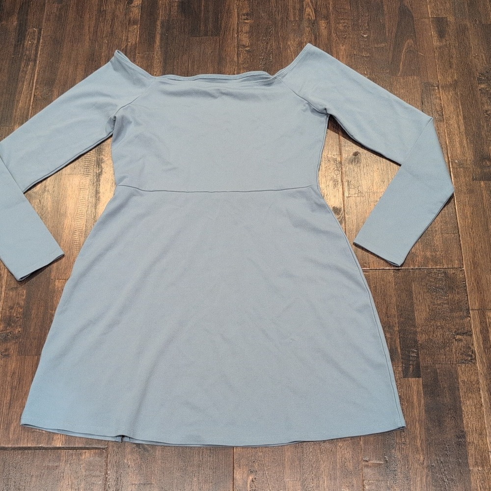 American Eagle Womens‎ L Lt Blue Long Sleeve Off Shoulder Flare Dress Stretchy